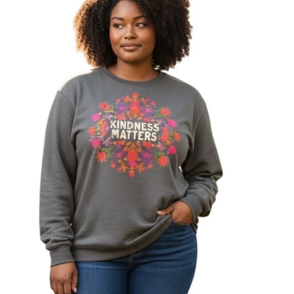 Natural Life Kindness Matters NWOT Floral‎ Graphic Sweatshirt Gray XXL Pockets